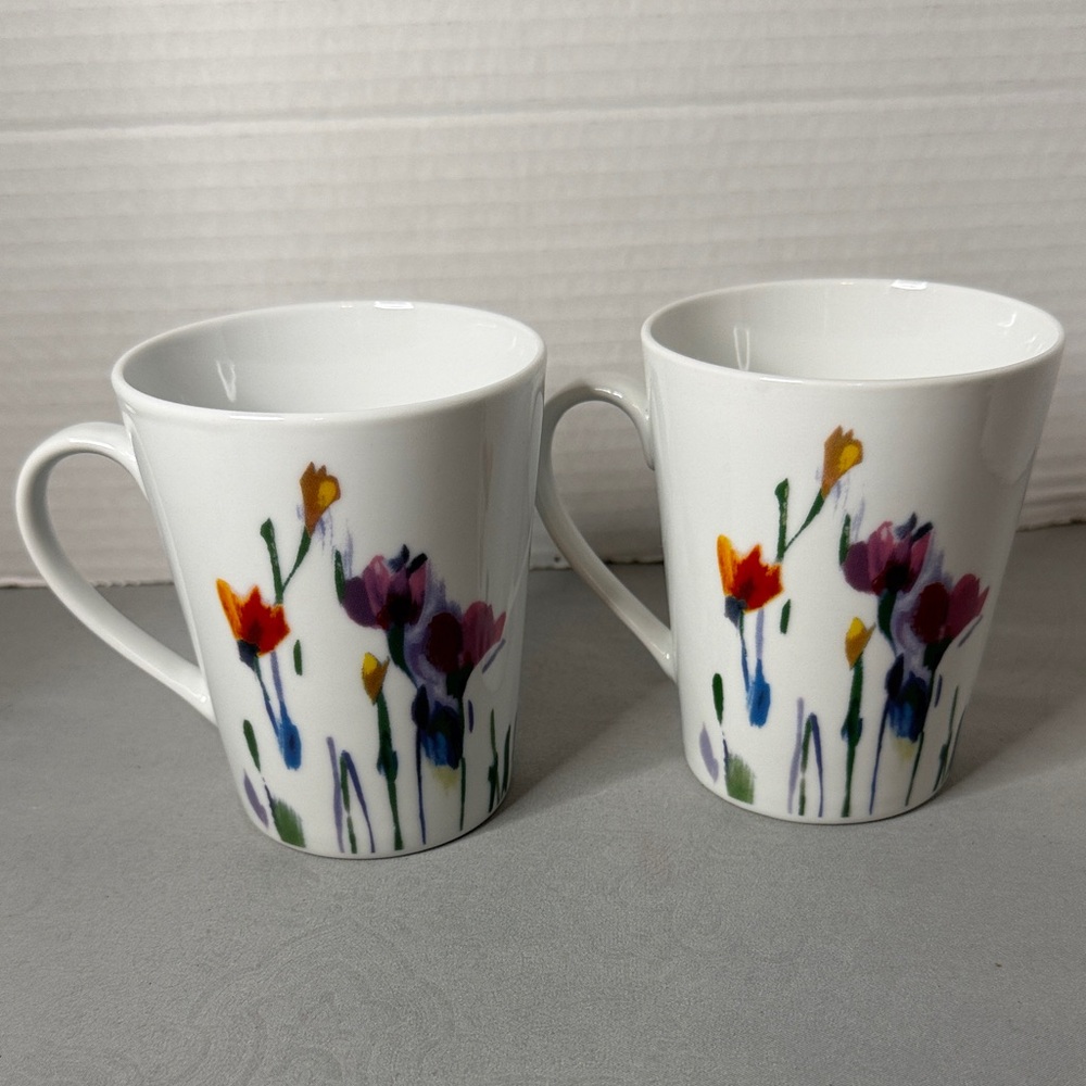 Mikasa Gourmet Basics Watercolor Garden Floral White Porcelain Mugs Cup Set of 2